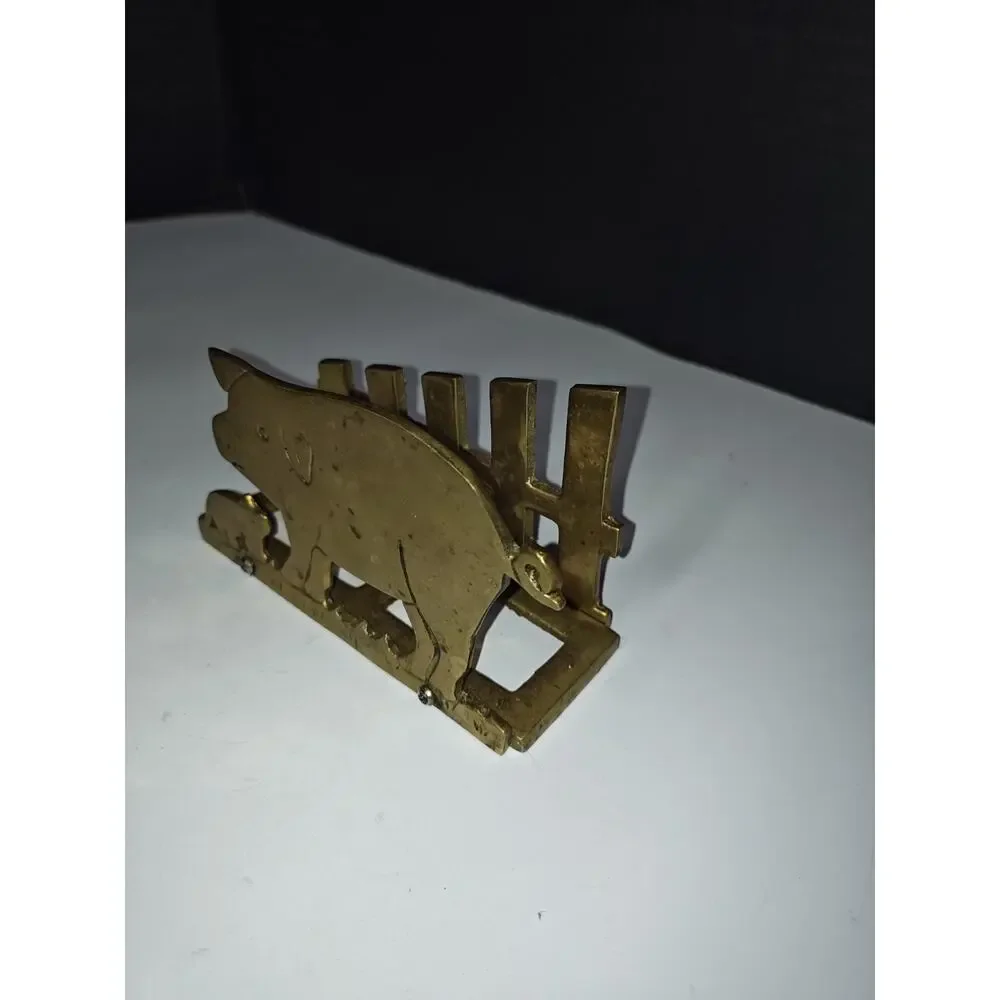 Vintage Brass Farm Pig Family & Fence Napkin Letter Holder Homestead Old Kitchen